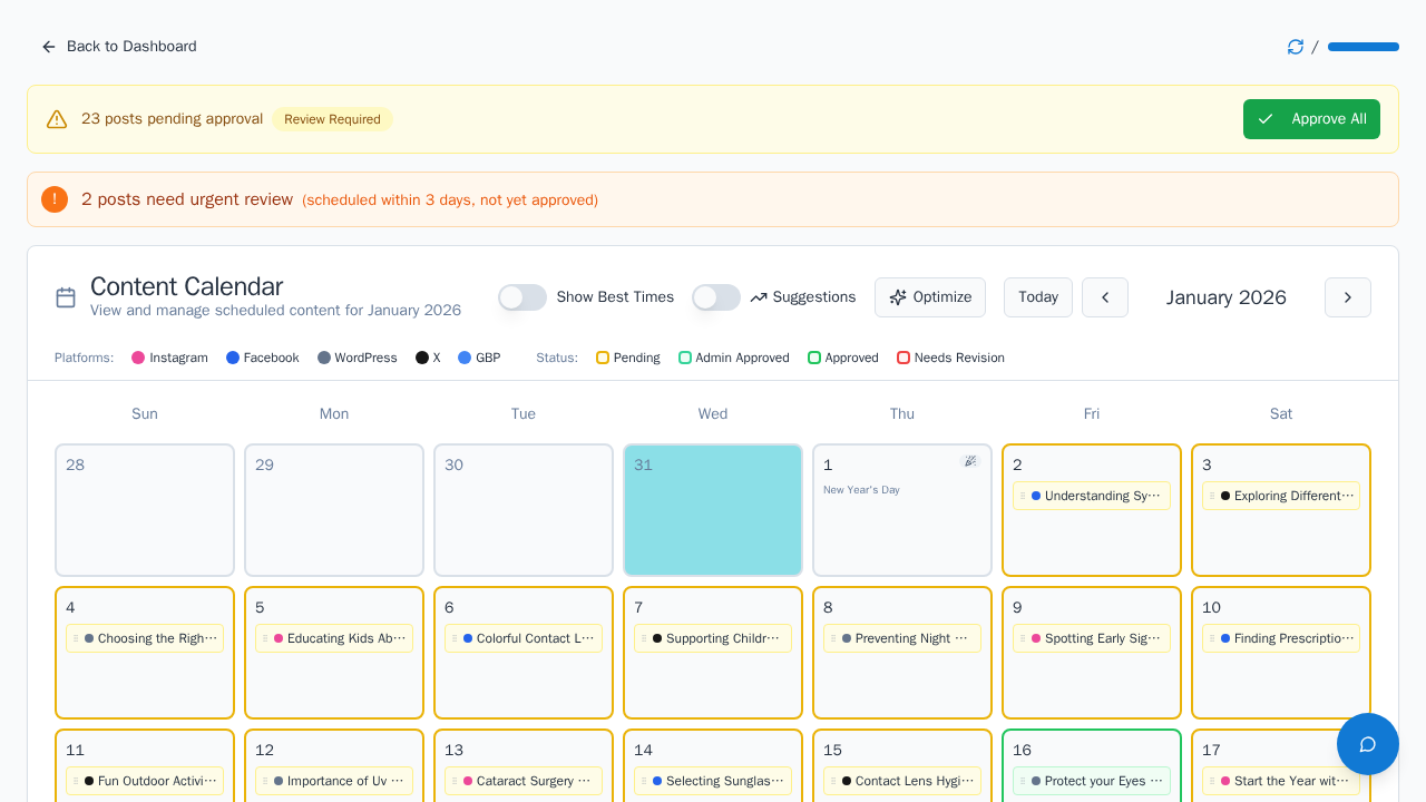 EyeSights content calendar showing scheduled social media posts across multiple platforms